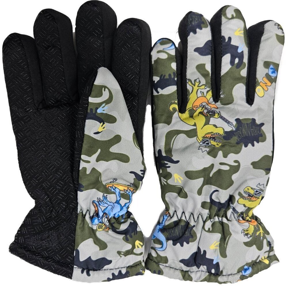 Kids Winter Gloves, Boys Girls Ski Glove, Faux Fur Lined Dinosaur Designs, Green